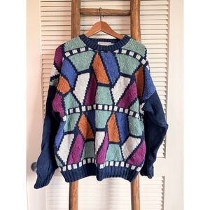 Concrete Mix Geometric Pattern Sweater Navy Blue Multicolored Size L‎